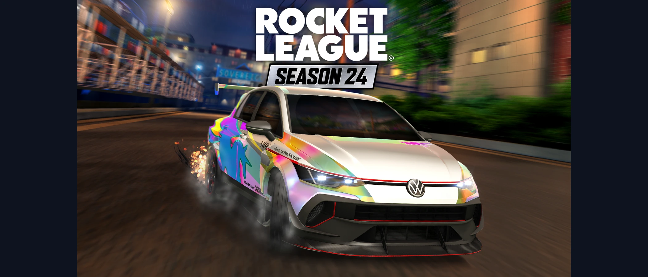 A Volkswagen Golf drifts beneath the Rocket League Season 24 logo in official promotional artwork.