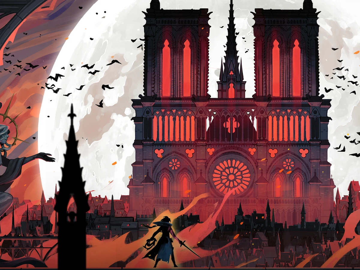 Rose Belmont stands before a cathedral beneath a pale moon in official Castlevania artwork.