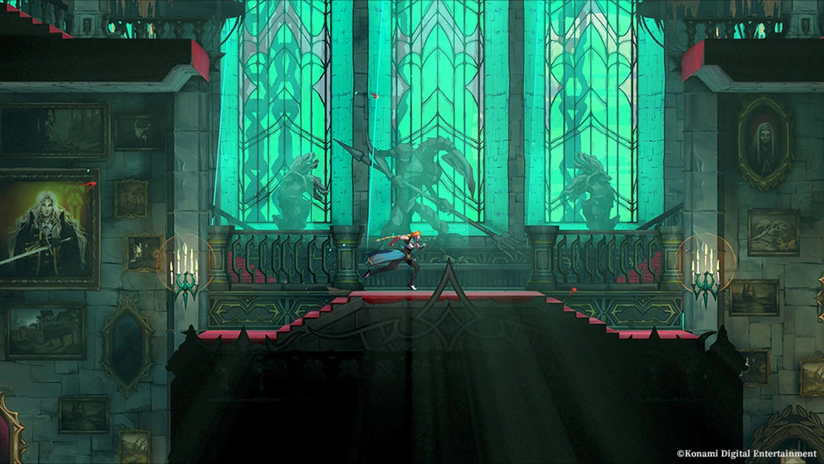 Rose Belmont runs through a hall with green stained-glass windows in an official gameplay screenshot.