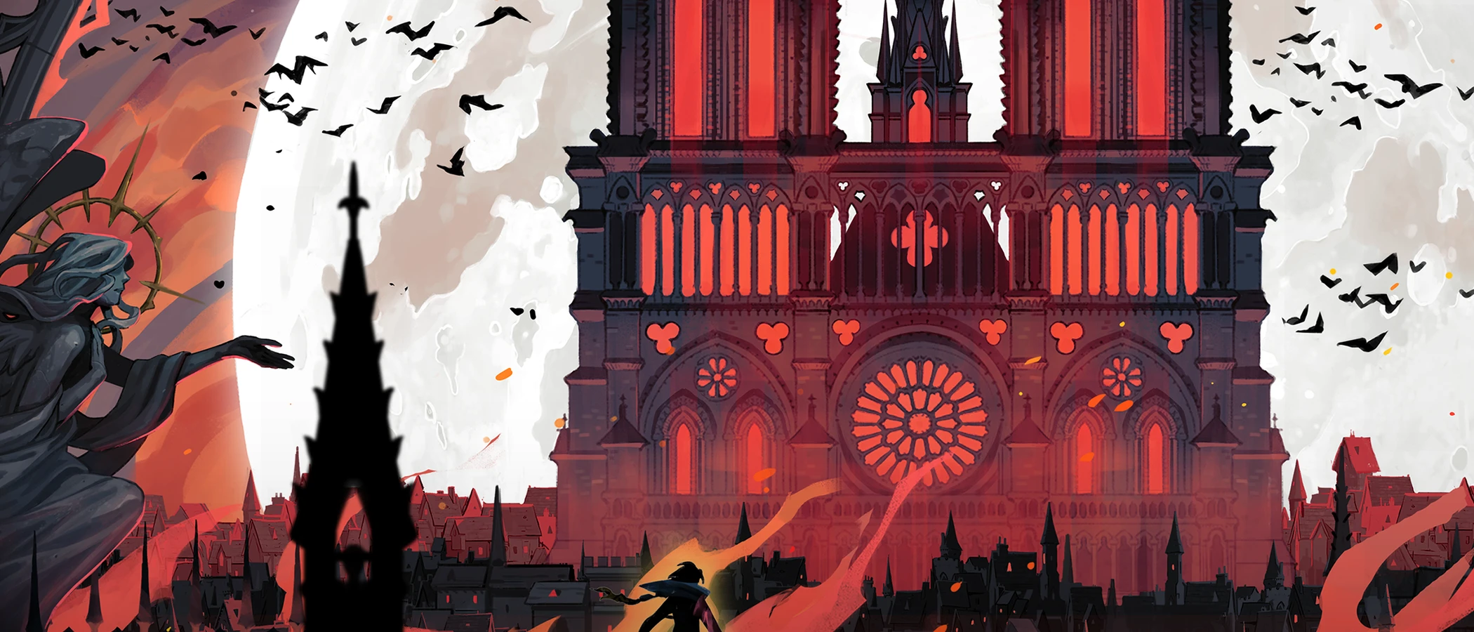 Rose Belmont stands before a cathedral beneath a pale moon in official Castlevania artwork.