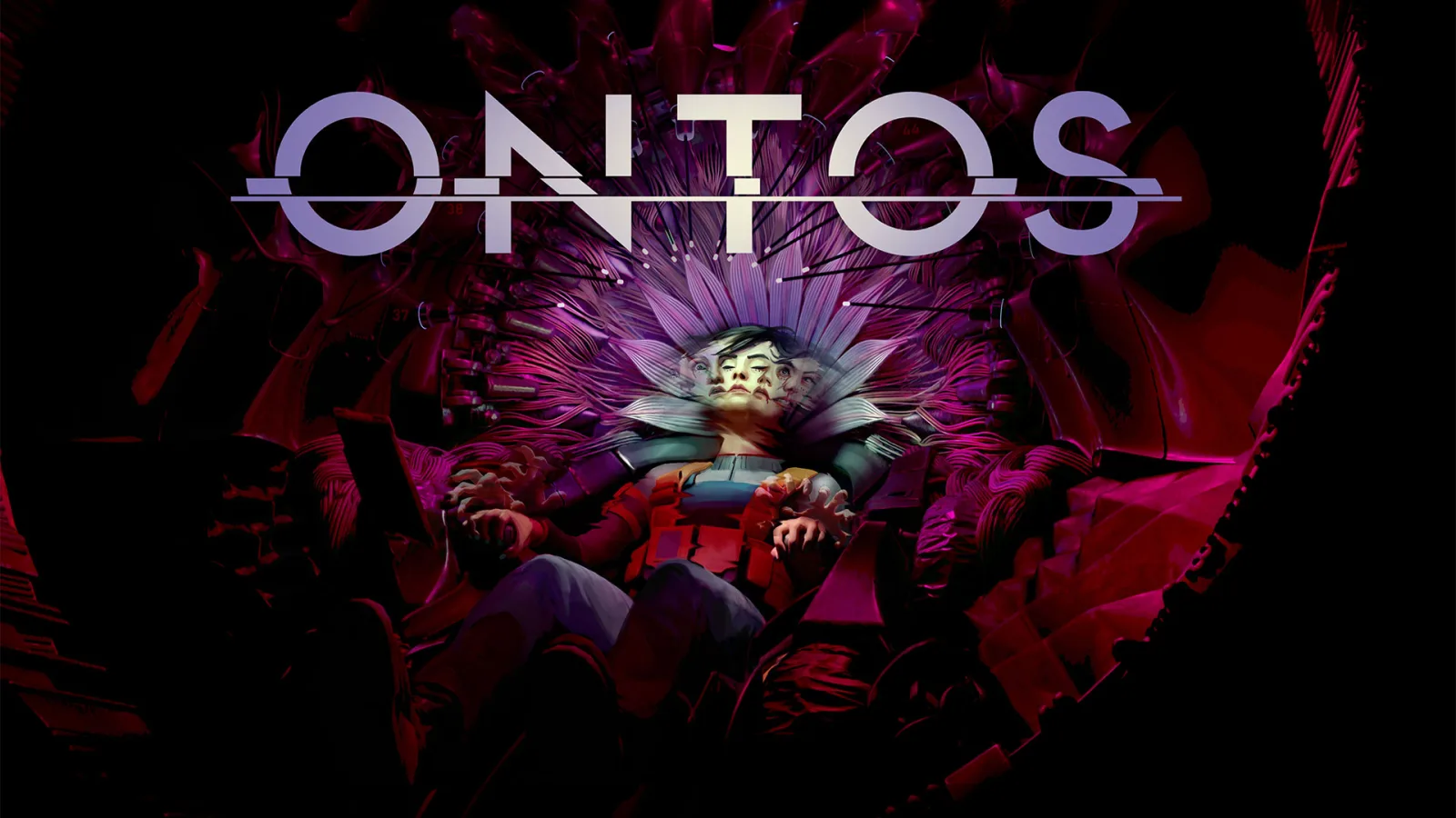 A person sits in a chair beneath a halo of wires in official Ontos artwork.