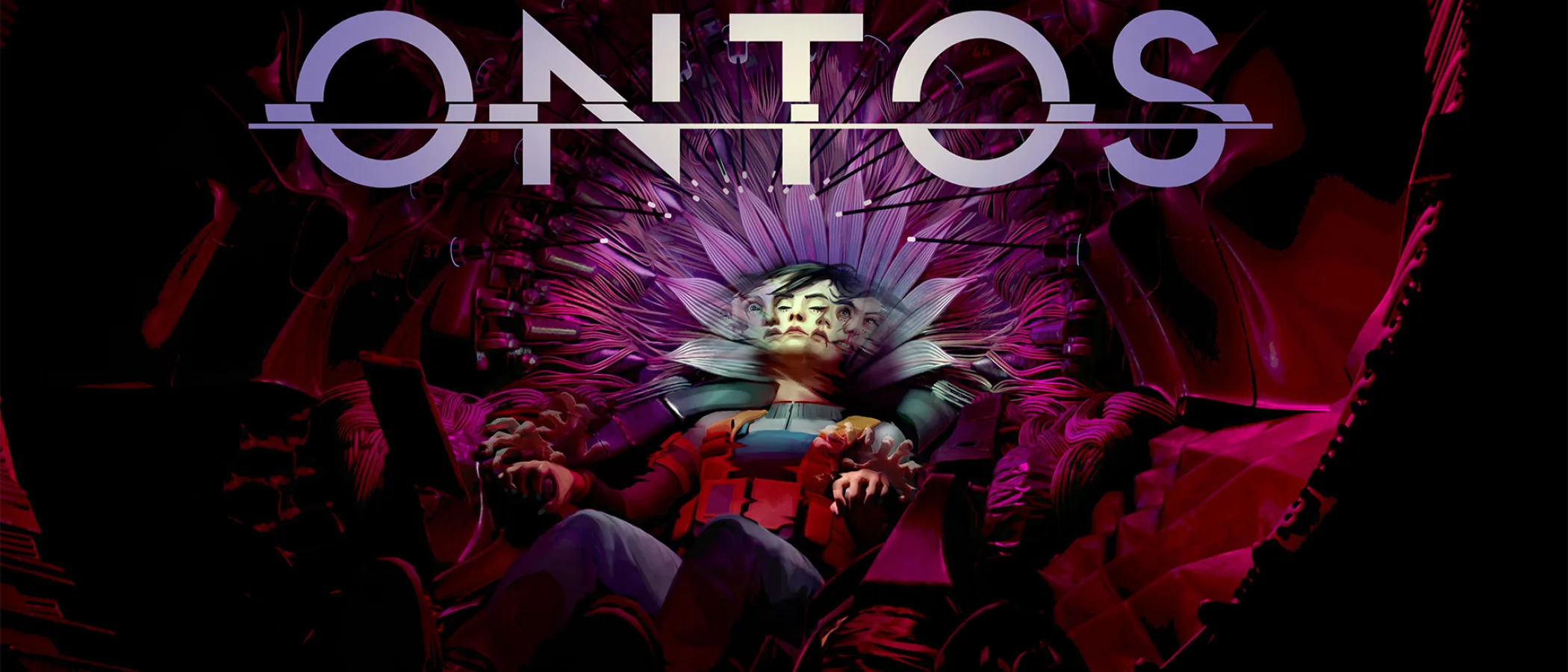A person sits in a chair beneath a halo of wires in official Ontos artwork.