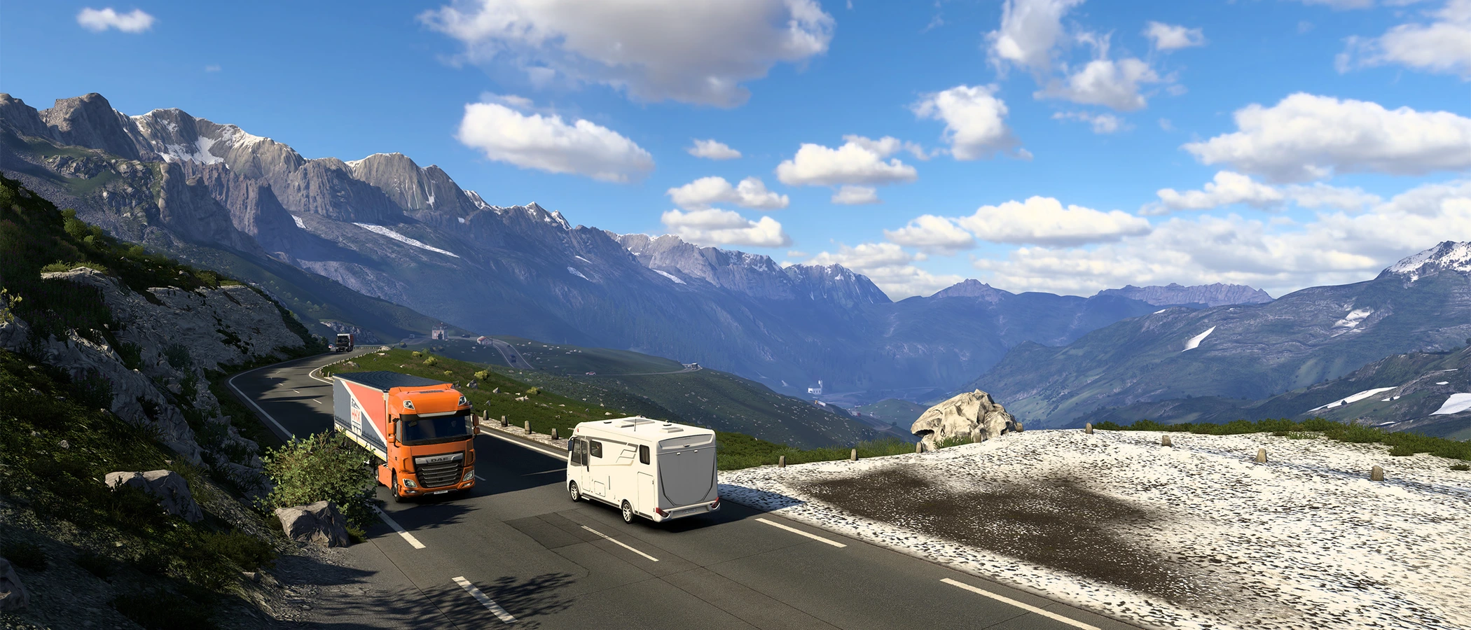 An orange truck beside a camper on an Alpine road in Euro Truck Simulator 2