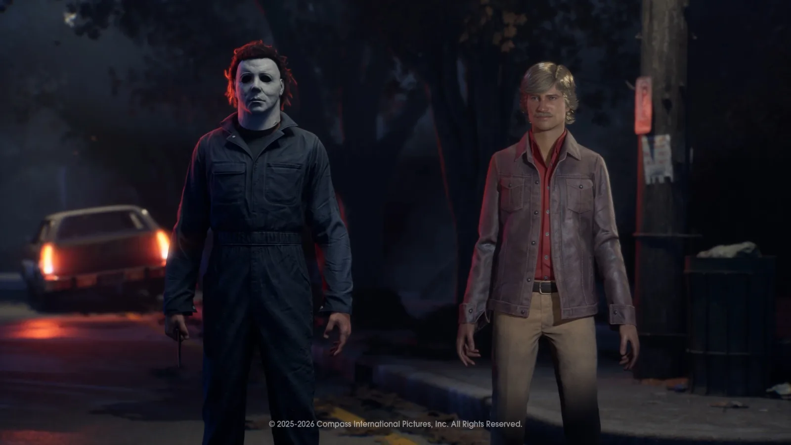 Michael Myers and a Haddonfield resident stand on a dark street beside a parked car.