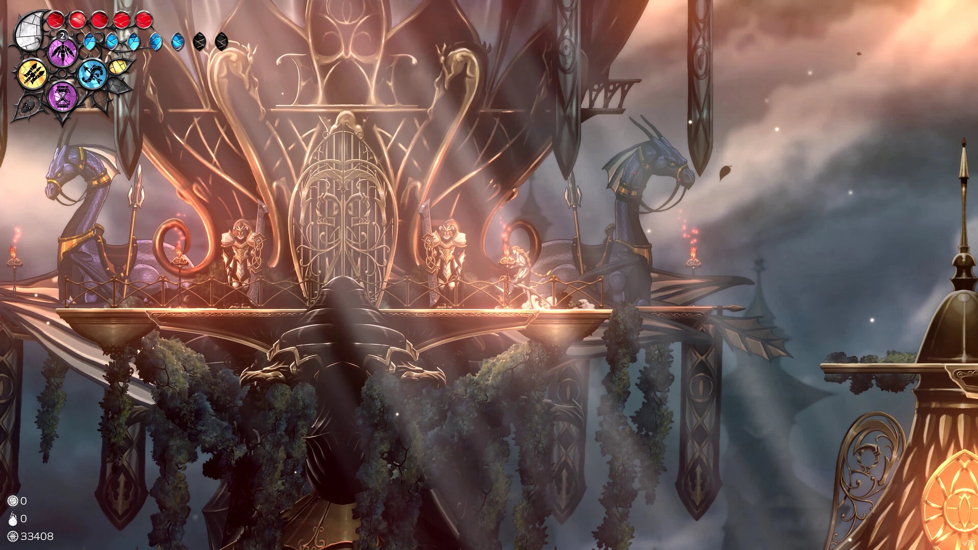 The Queen of Light stands on a golden platform among ornate towers and clouds.