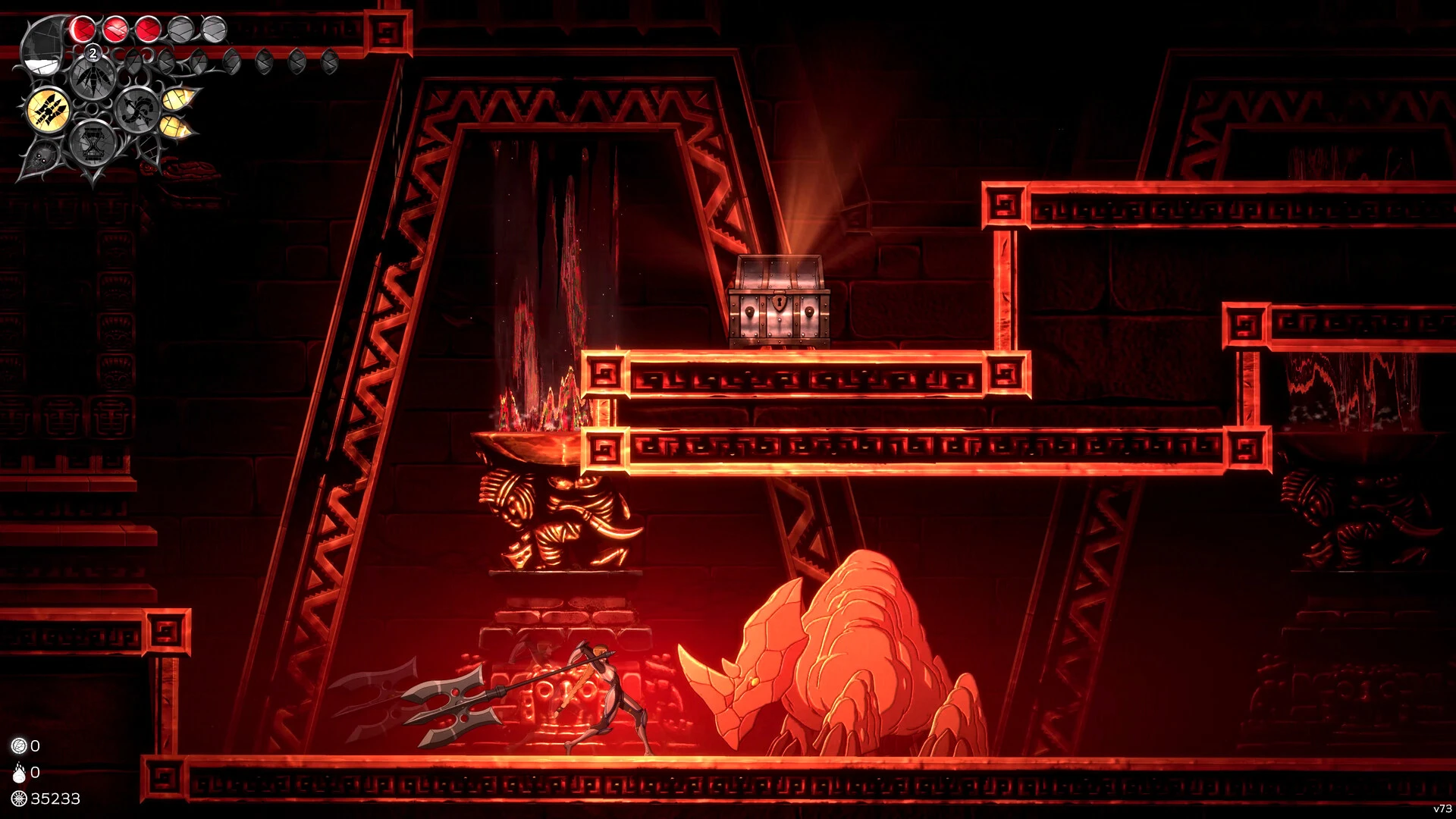An armed character stands among red-lit platforms, narrow ledges and mechanical structures.