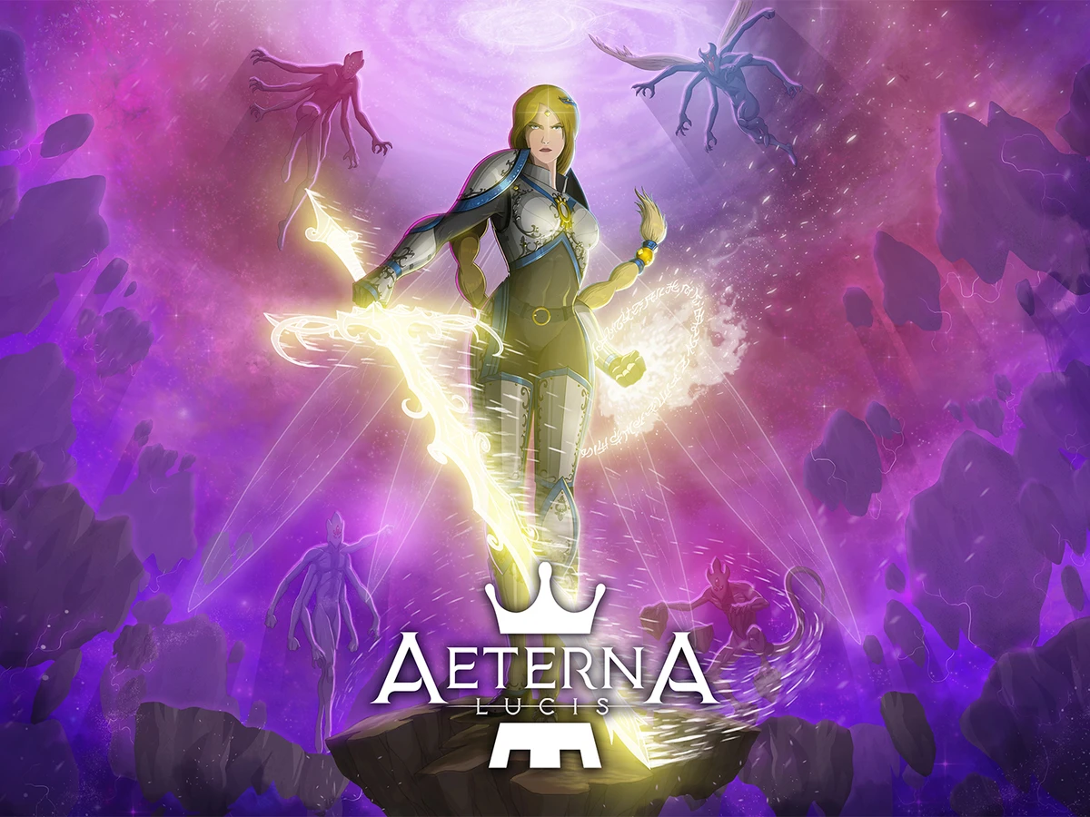 The Queen of Light holds a glowing weapon amid purple clouds and shadowy figures.