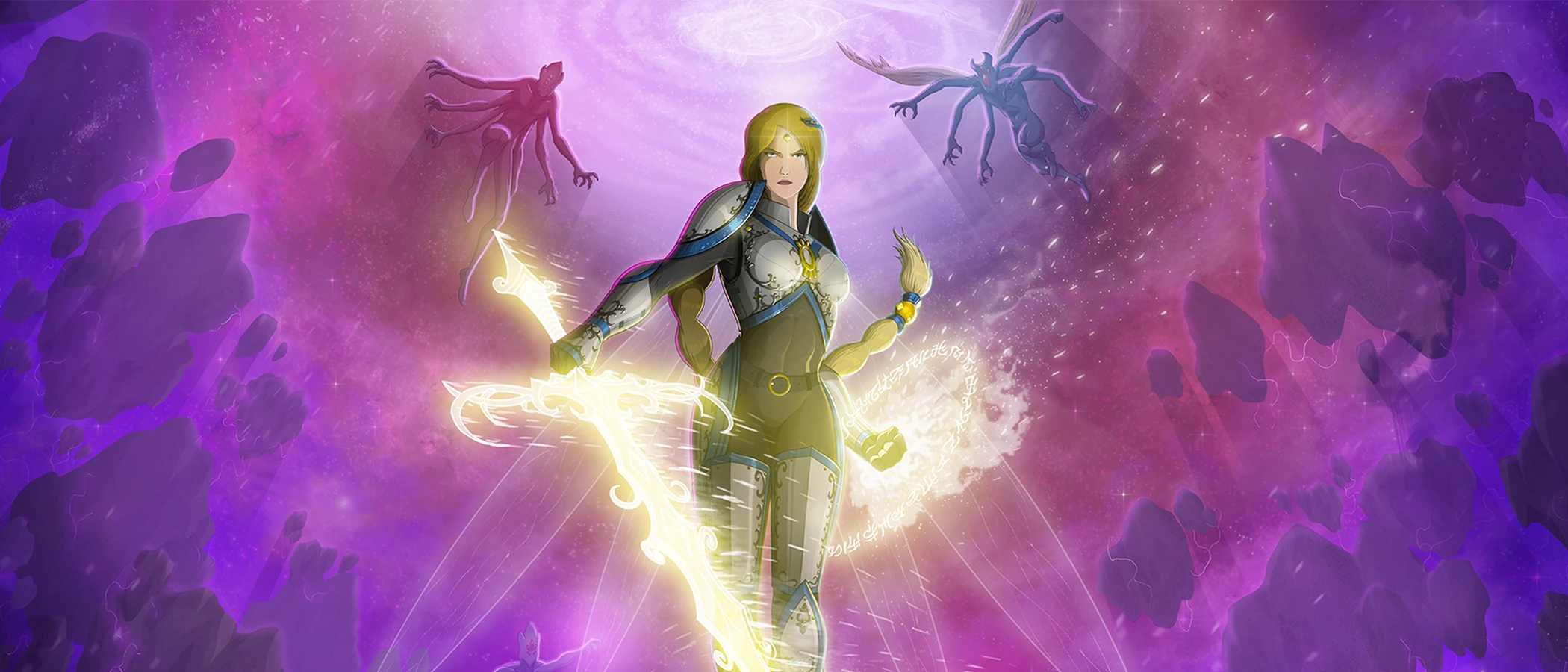 The Queen of Light holds a glowing weapon amid purple clouds and shadowy figures.