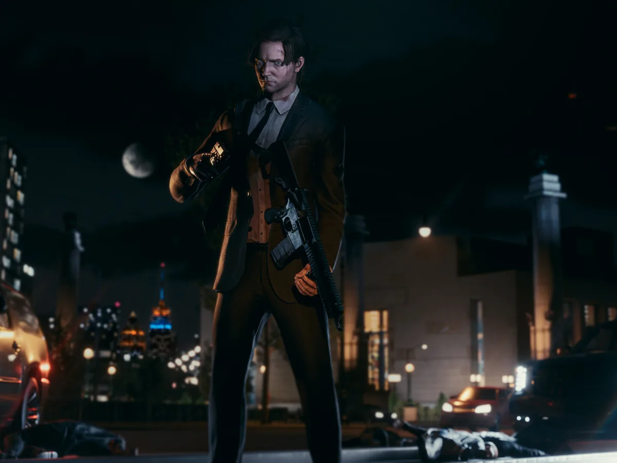 Anton Blackwood stands armed in a dark New York street at night.