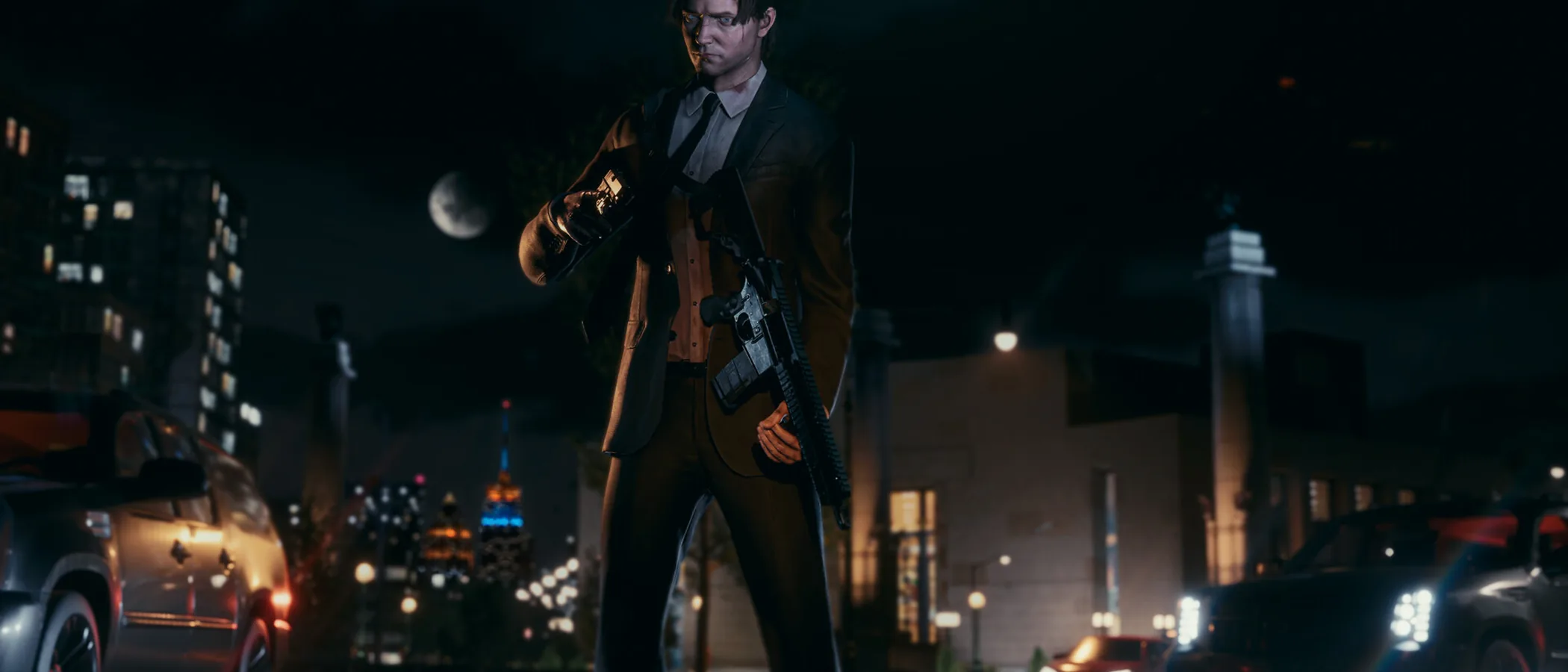 Anton Blackwood stands armed in a dark New York street at night.