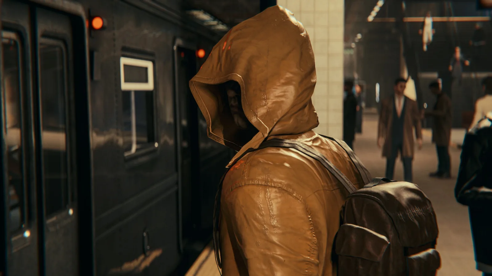 A hooded character stands beside a New York subway train while suited figures gather in the background.