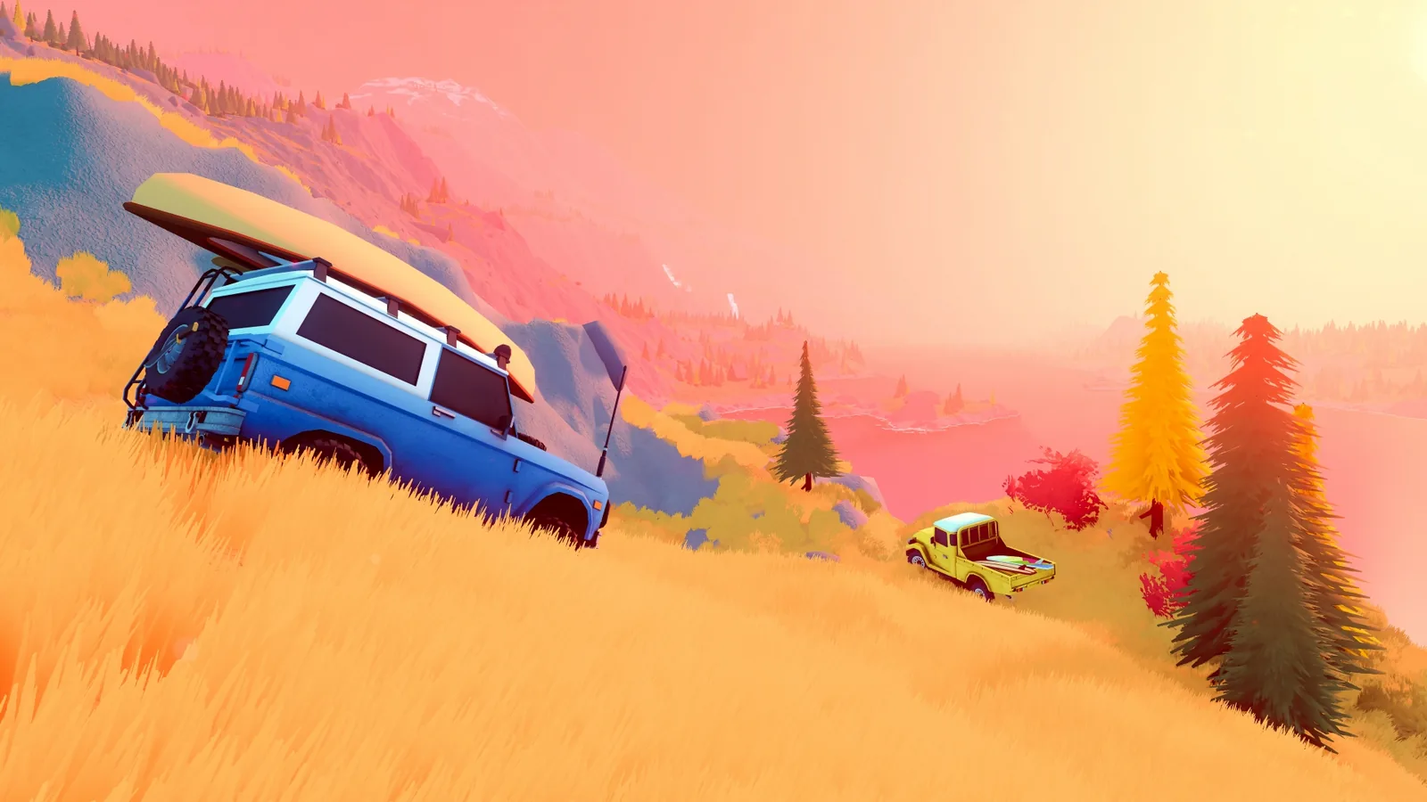 Two off-road vehicles tackle a steep grassy hillside