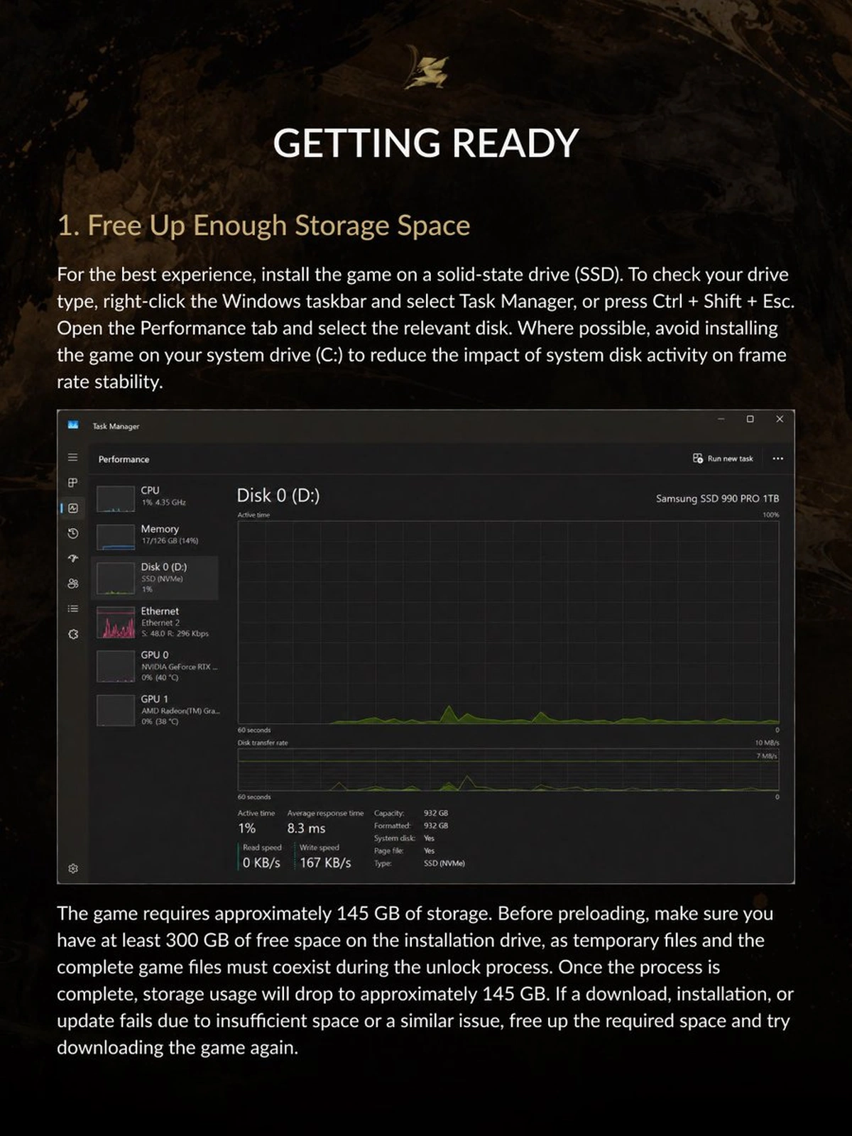 S-GAME storage guidance shows Task Manager and explains the 300 GB pre-load allowance.