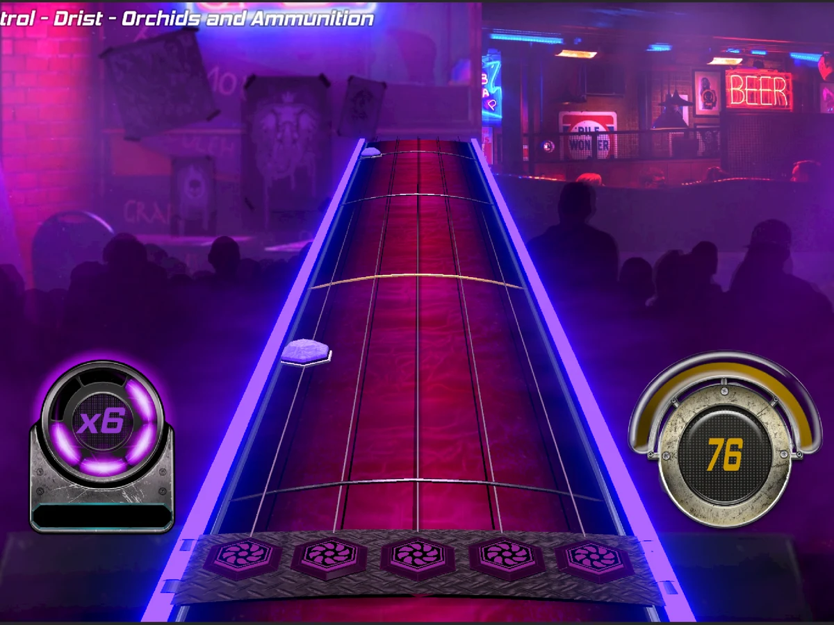 A purple note highway faces a neon-lit venue in Sound System