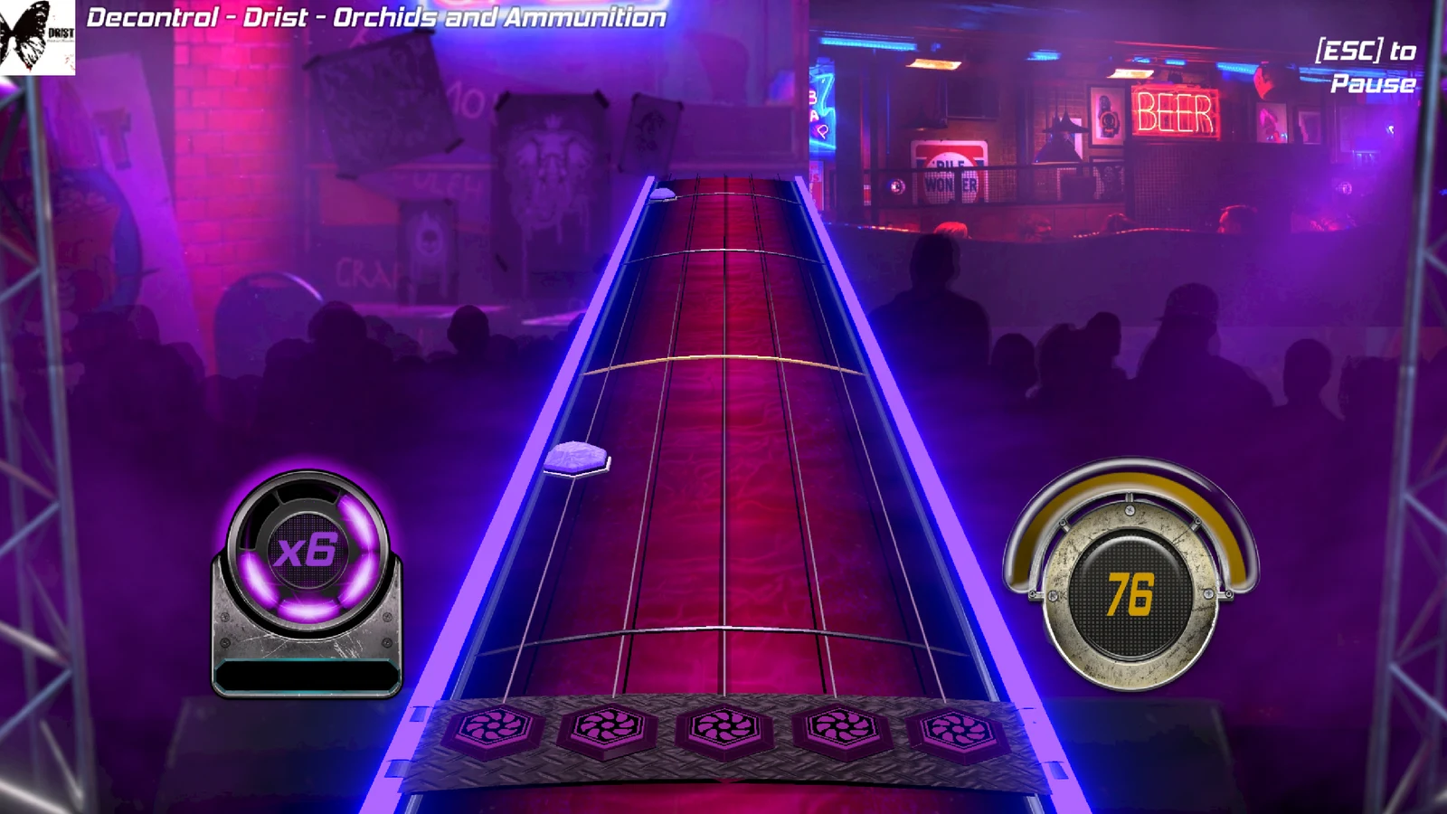 A purple note highway faces a neon-lit venue in Sound System