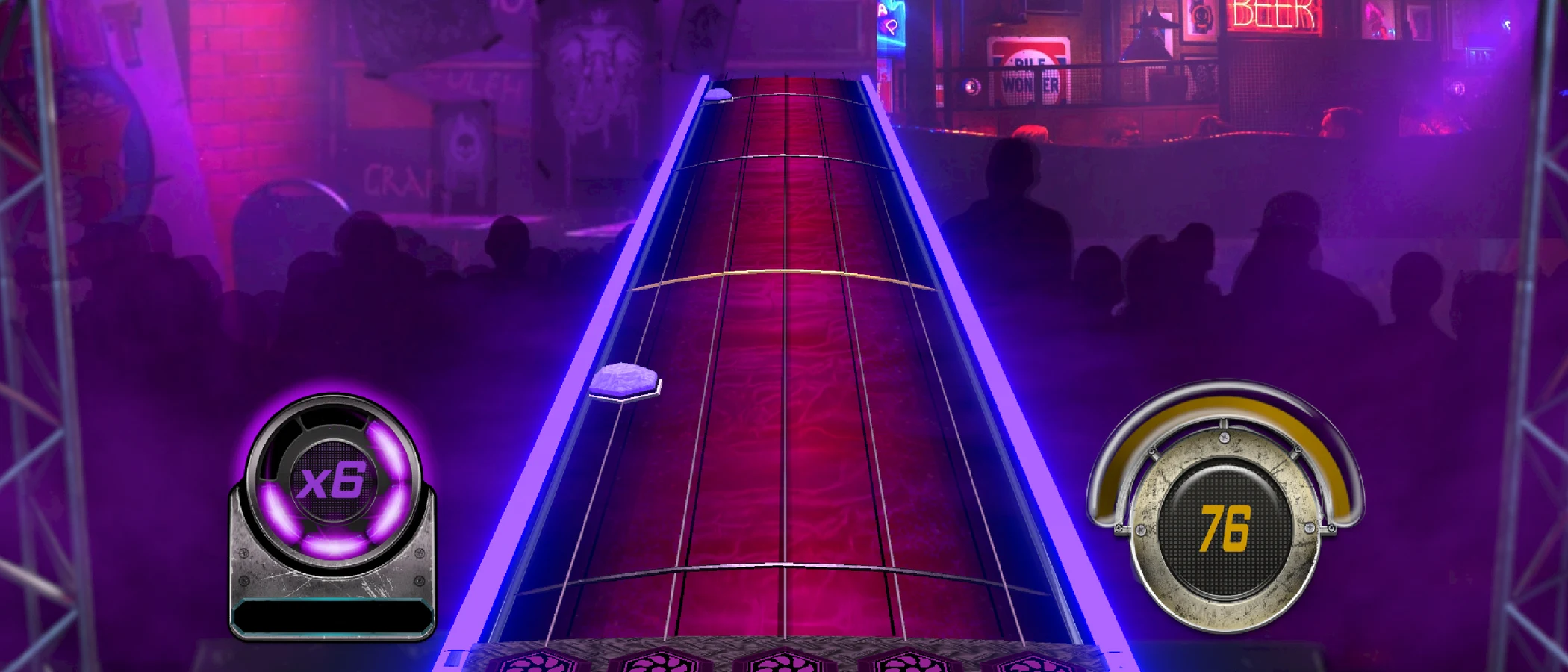 A purple note highway faces a neon-lit venue in Sound System