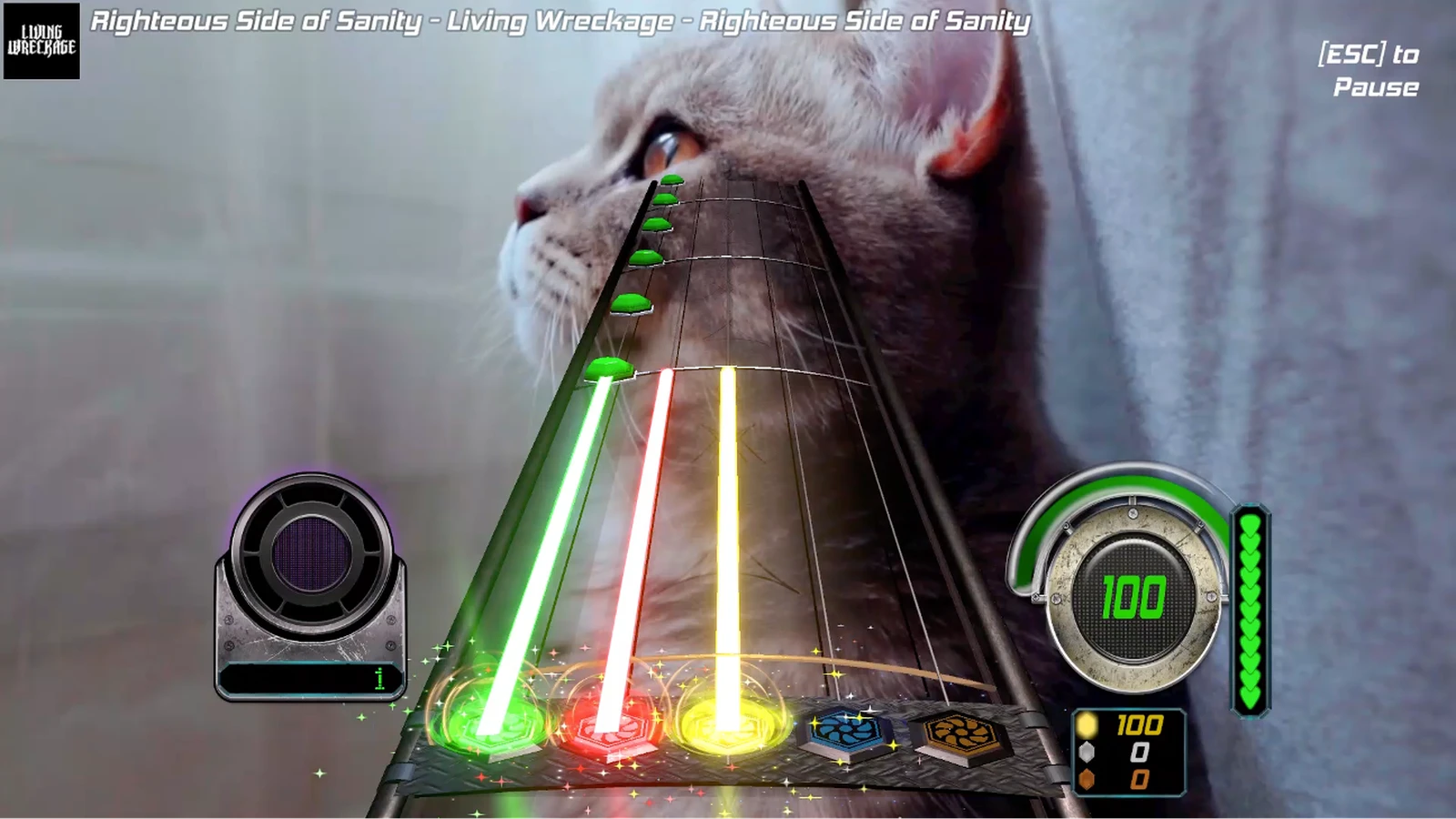 Long coloured notes stretch towards the five fret positions over a cat video background