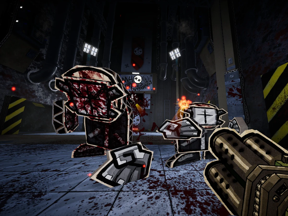 A paper creature confronts the player in a dark cardboard industrial room