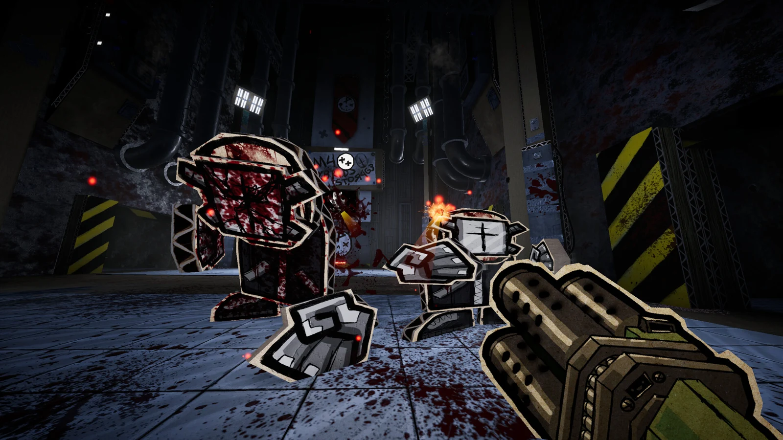 A paper creature confronts the player in a dark cardboard industrial room