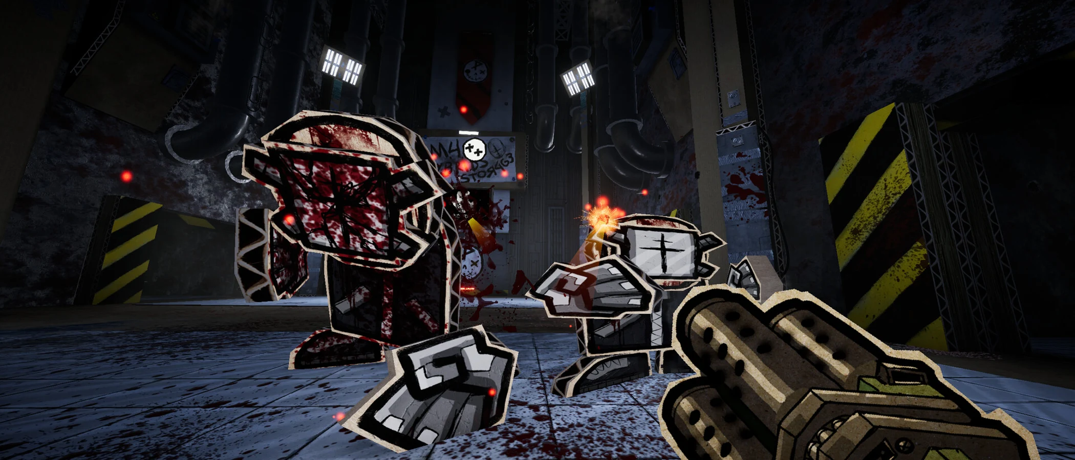 A paper creature confronts the player in a dark cardboard industrial room