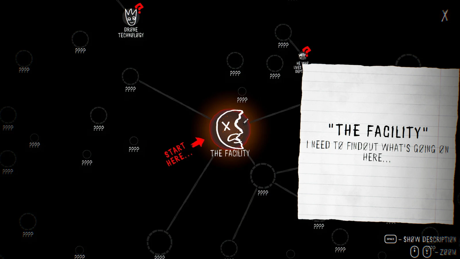 PAPERHEAD shows a branching investigation map beside a torn note headed The Facility