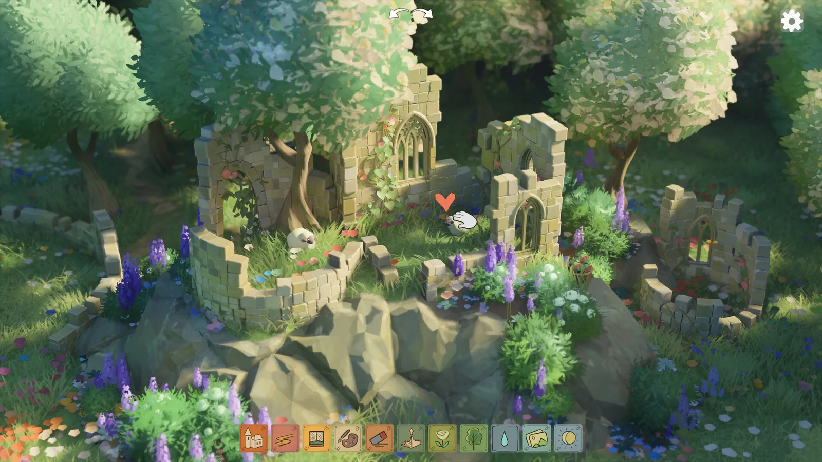 A small Tiny Glade cottage and stone structures sit among grass and trees.