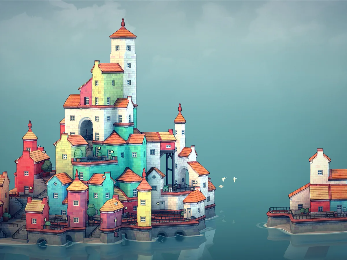 Colourful Townscaper houses, towers and bridges spread across a blue sea.