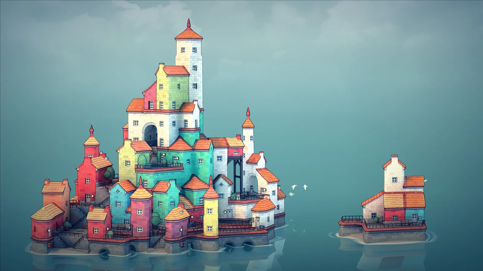 Colourful Townscaper houses, towers and bridges spread across a blue sea.