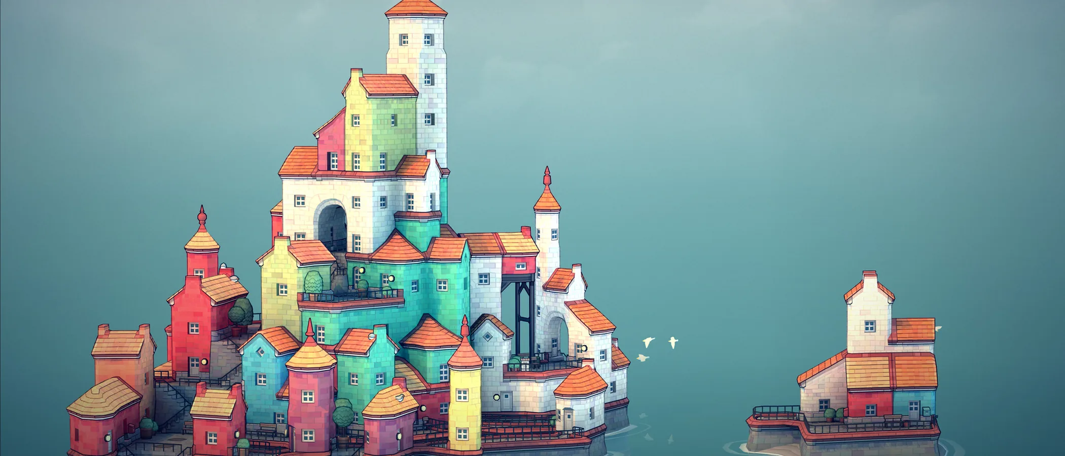 Colourful Townscaper houses, towers and bridges spread across a blue sea.
