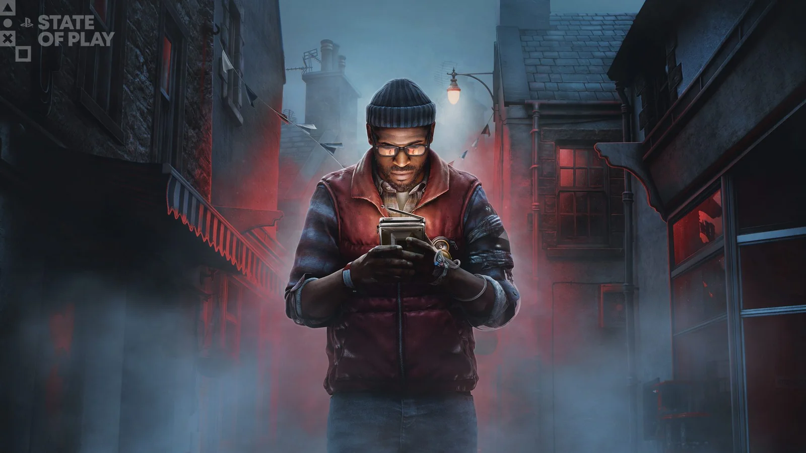 Simon stands in a misty St. Amelia street looking down at a handheld device in Silent Hill: Townfall.