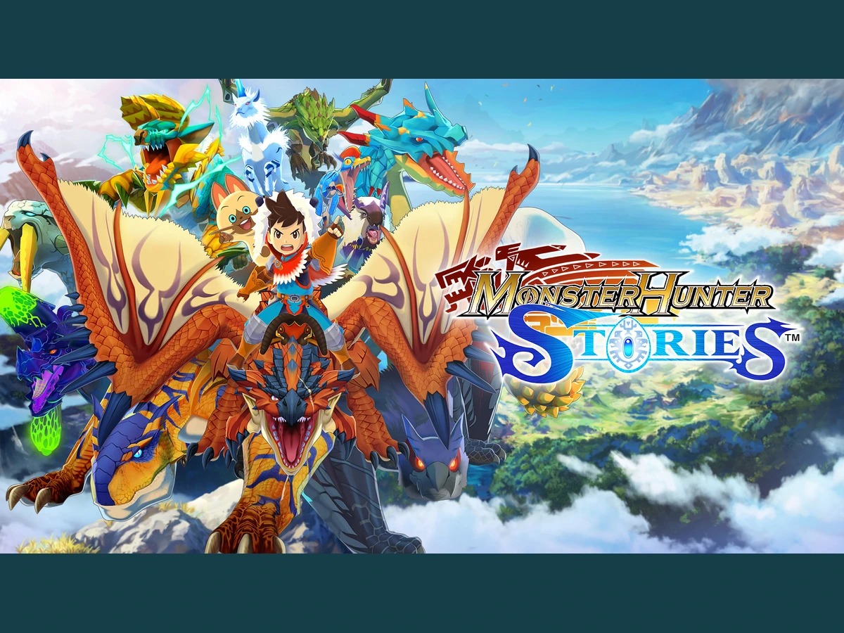 Monster Hunter Stories artwork with a Rider riding Rathalos above a green valley
