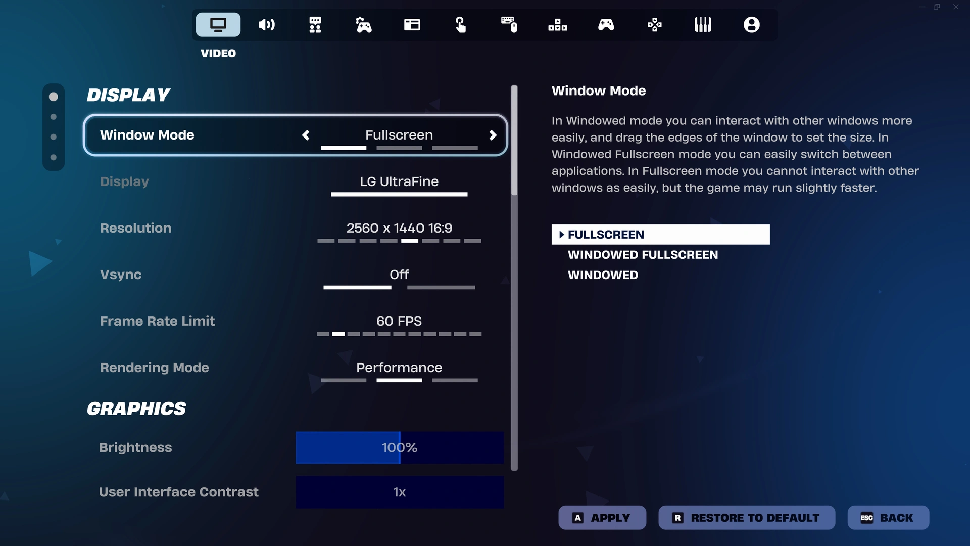 Fortnite Video settings showing Rendering Mode set to Performance under Display
