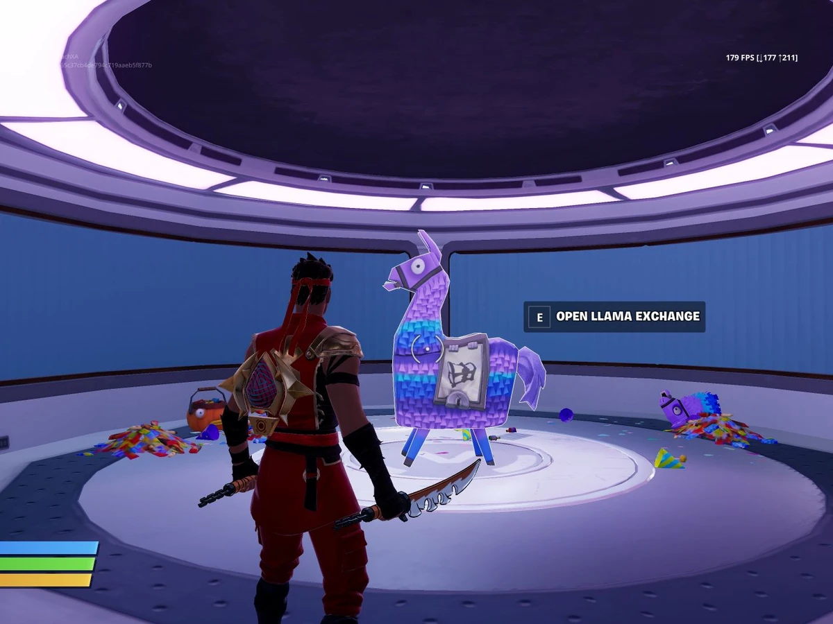 Fortnite character facing a glowing llama in an official gameplay illustration