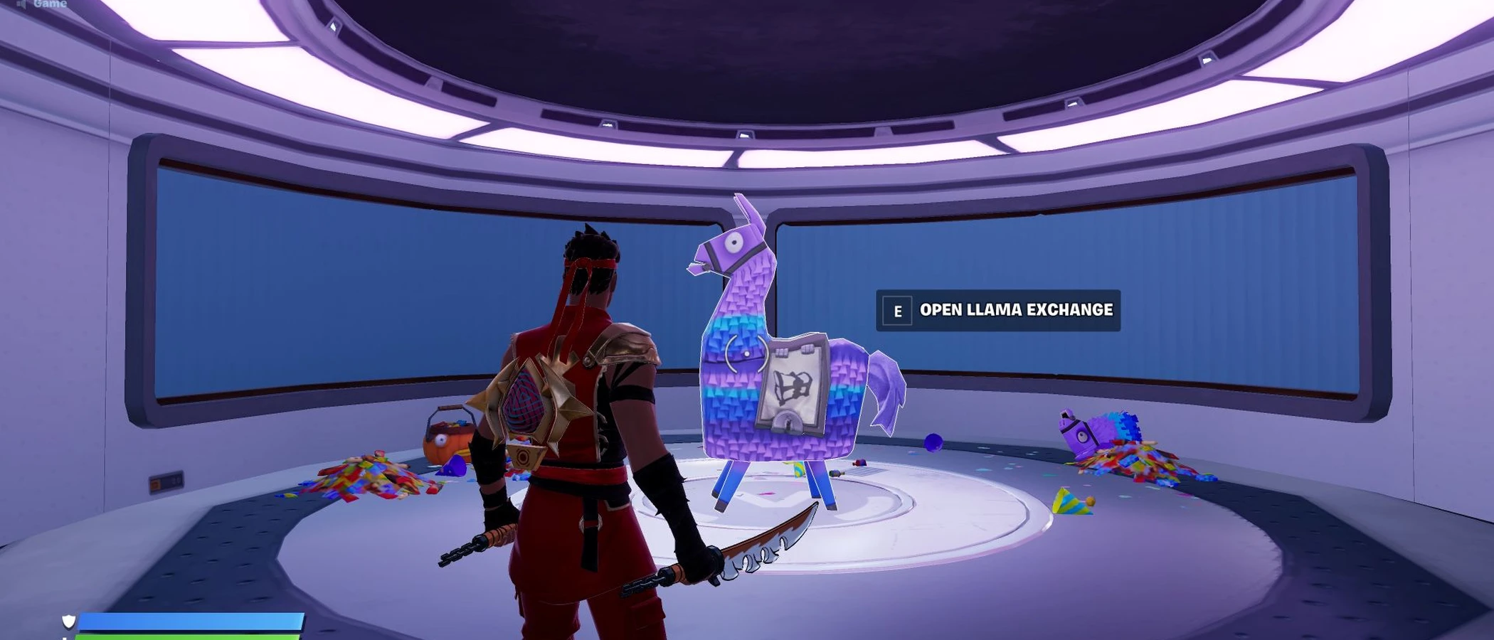 Fortnite character facing a glowing llama in an official gameplay illustration