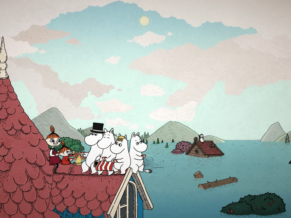 The Moomin family gather on a red rooftop above a flooded valley, with chimneys and roofs visible in the water.