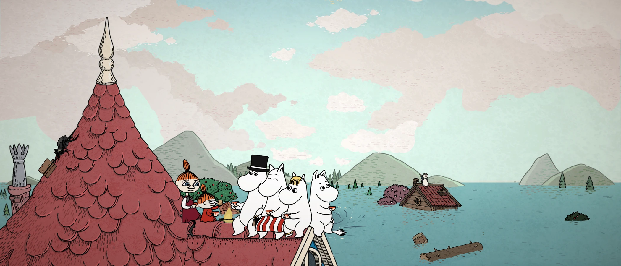 The Moomin family gather on a red rooftop above a flooded valley, with chimneys and roofs visible in the water.