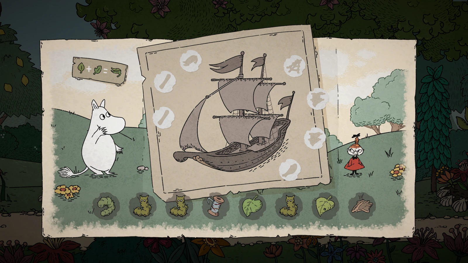 A sailing-ship puzzle on paper sits between Moomintroll and Little My, with illustrated objects below.