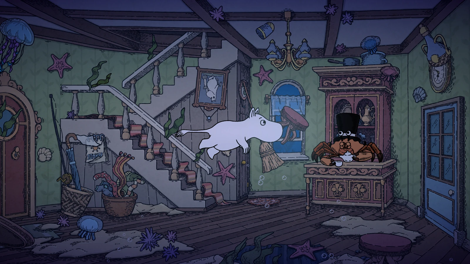 Moomintroll swims through a flooded room with a staircase, plants and starfish on its walls.