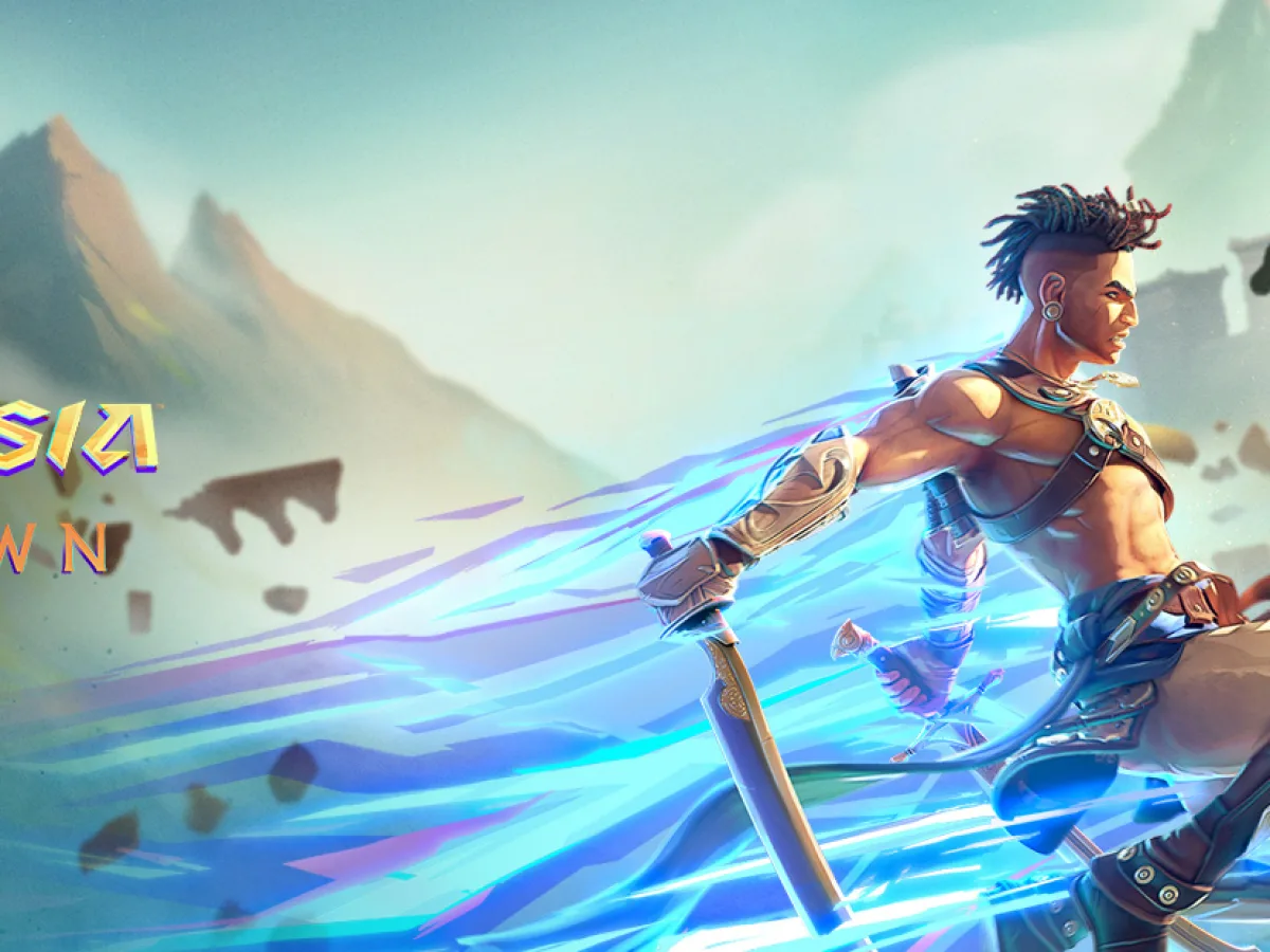 Prince of Persia: The Lost Crown artwork showing Sargon running through blue energy in a golden city.