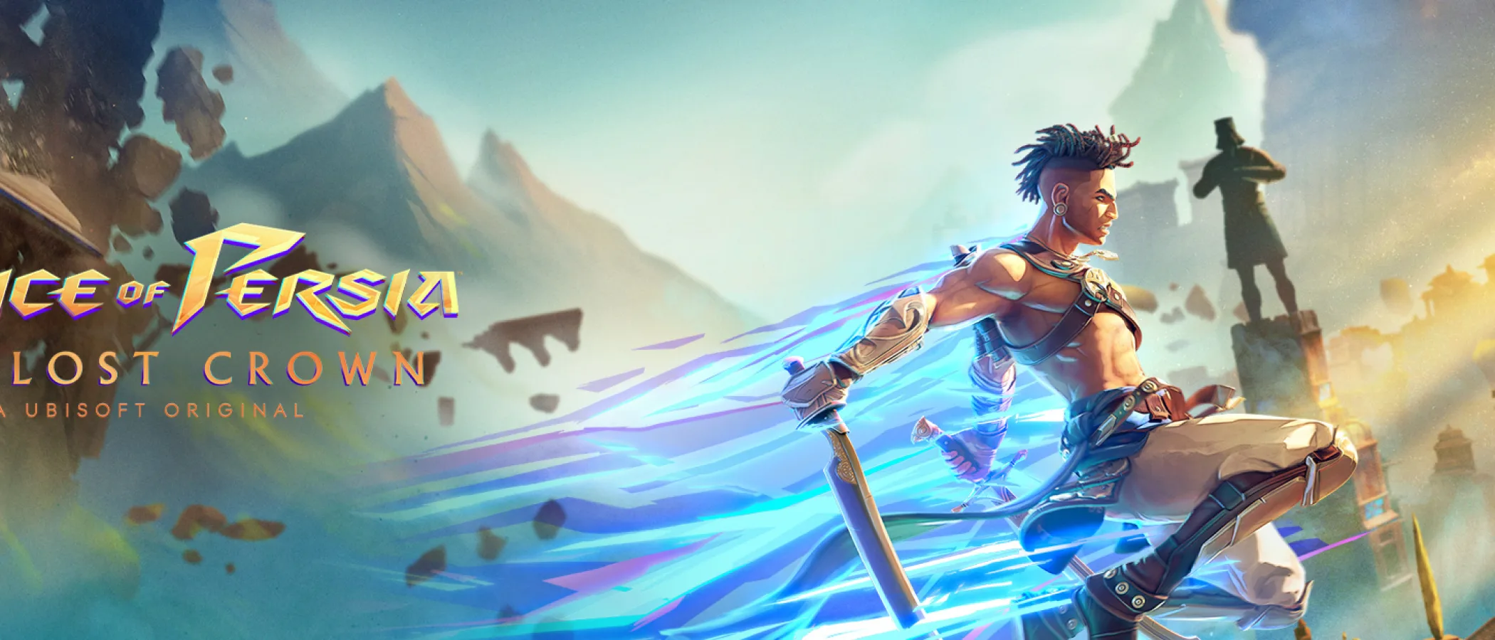 Prince of Persia: The Lost Crown artwork showing Sargon running through blue energy in a golden city.