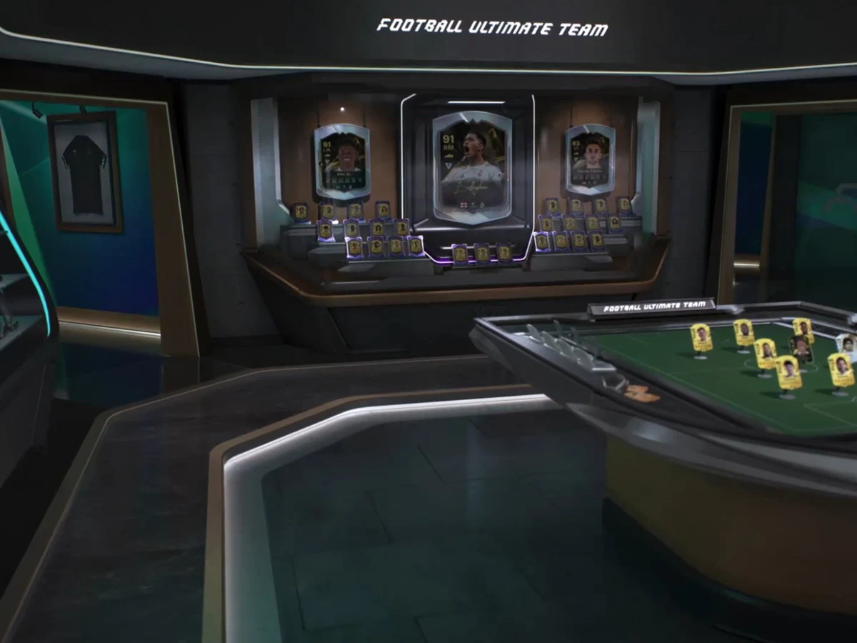 FC 27's Ultimate Team Gallery room displays collectible player cards and framed football shirts.