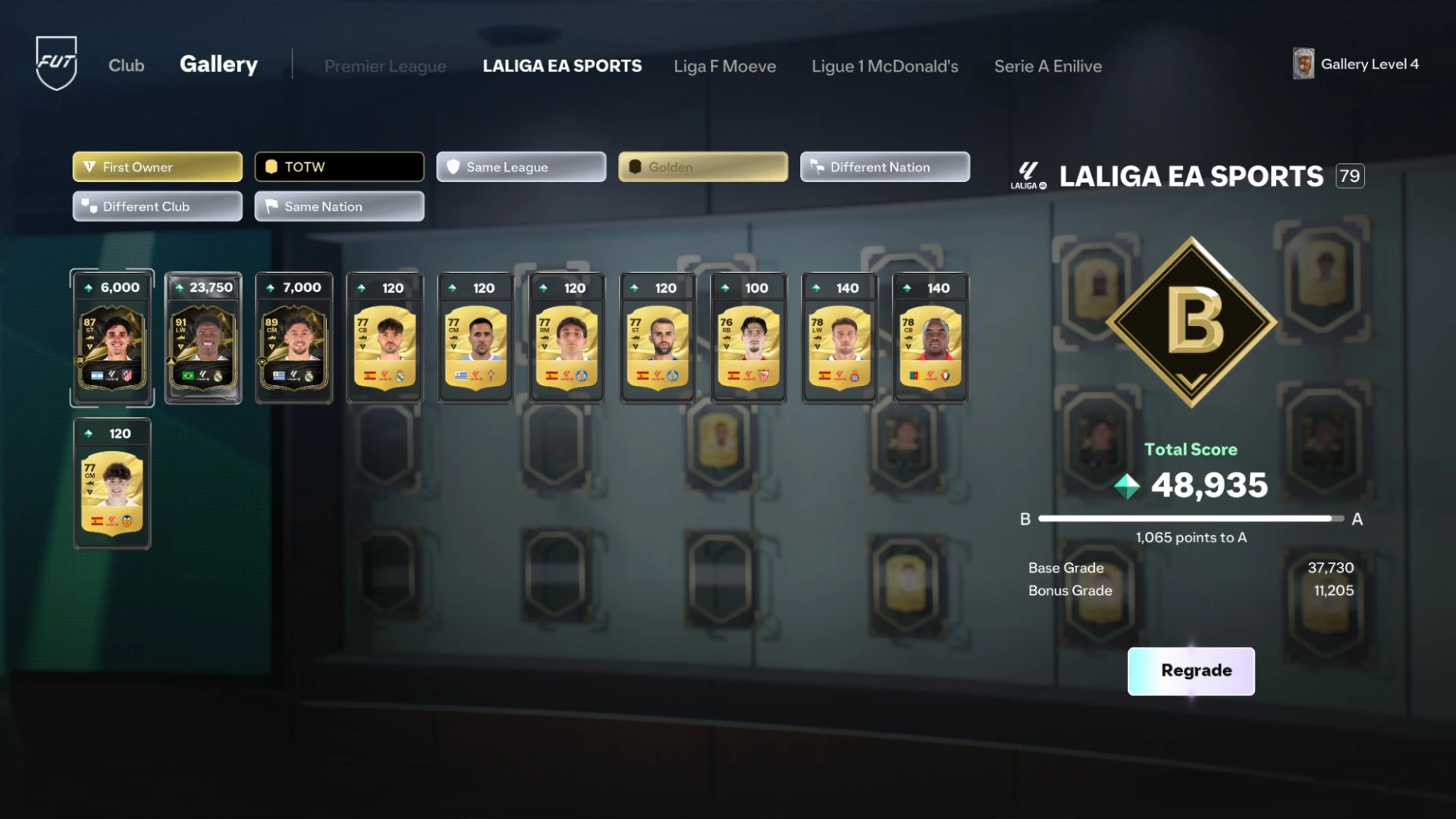 FC 27 Gallery shows a LALIGA Set with a B grade, Item Scores, bonus Tags and a Regrade button.