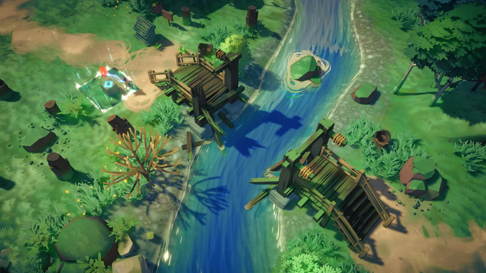 A glowing fragmentstone device changes a grassy riverside split by a wooden bridge.