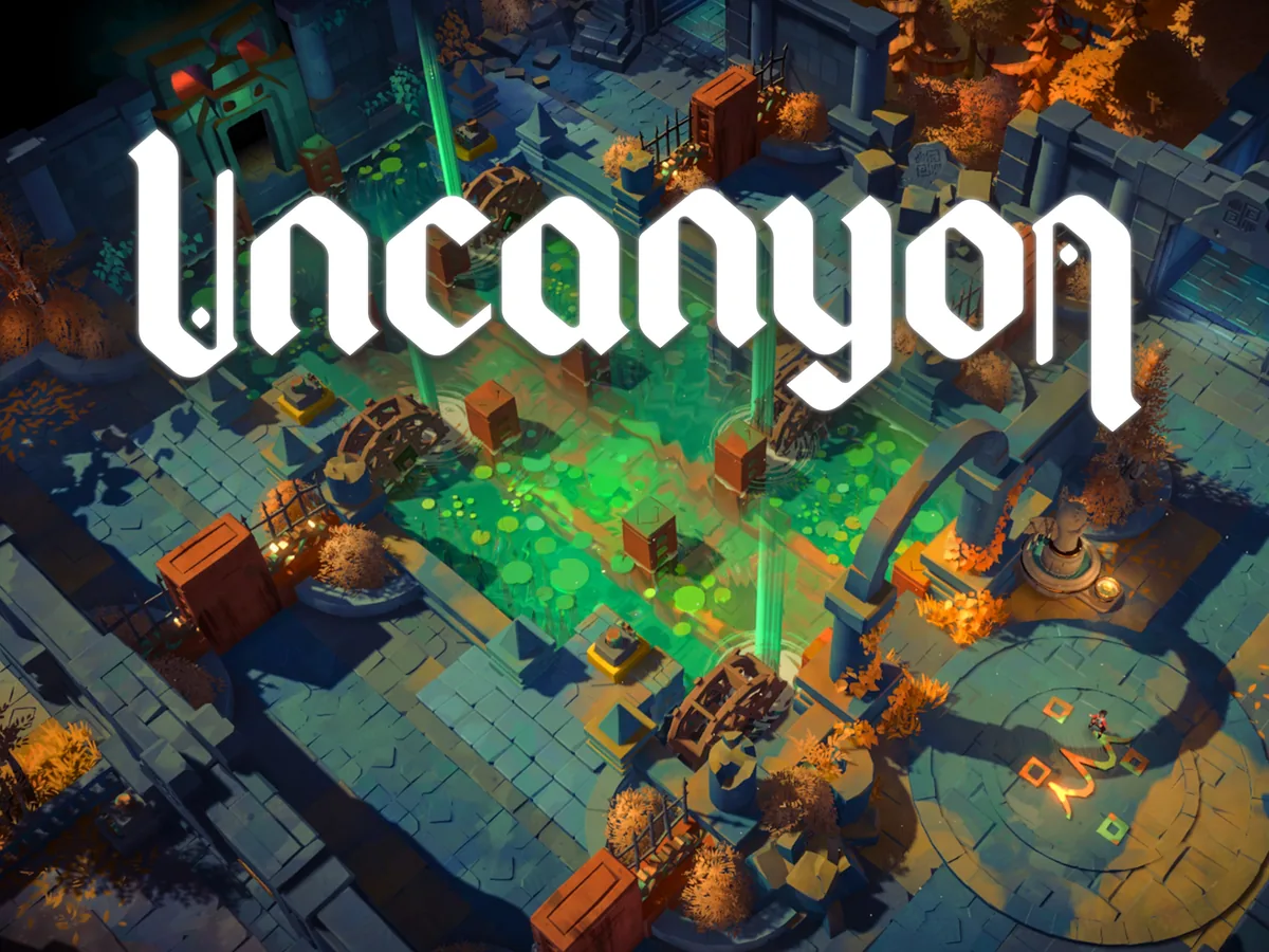 Uncanyon logo over a stone ruin with green water, orange trees and puzzle devices.