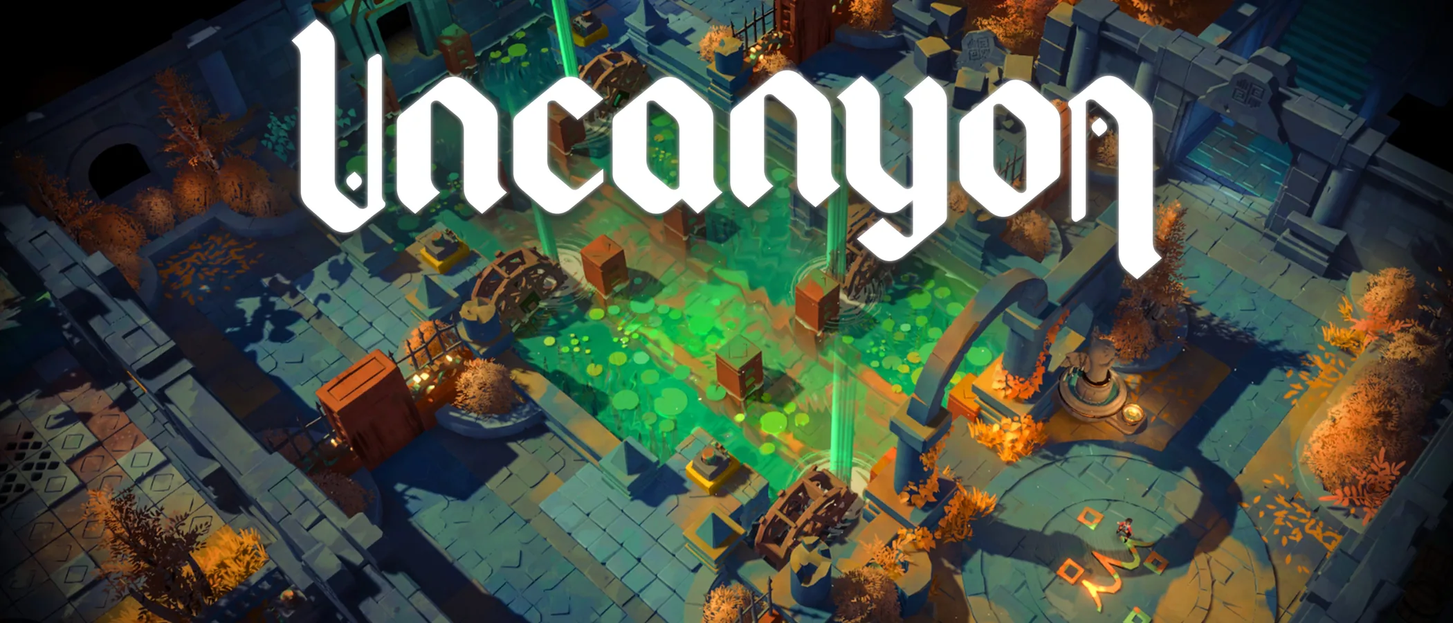 Uncanyon logo over a stone ruin with green water, orange trees and puzzle devices.
