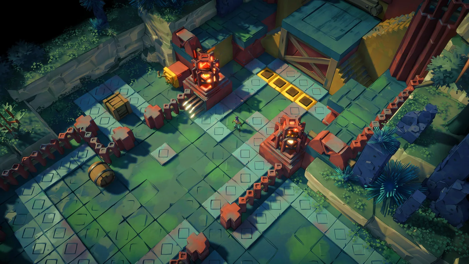 A small figure stands among square stone tiles and glowing red devices in a ruin.