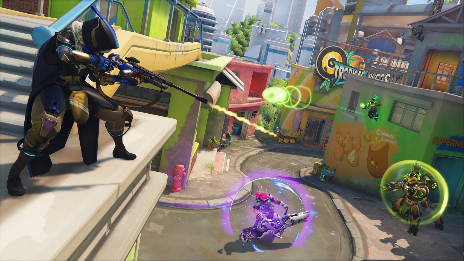 Ana aims her rifle across a street during an Overwatch battle in Rio