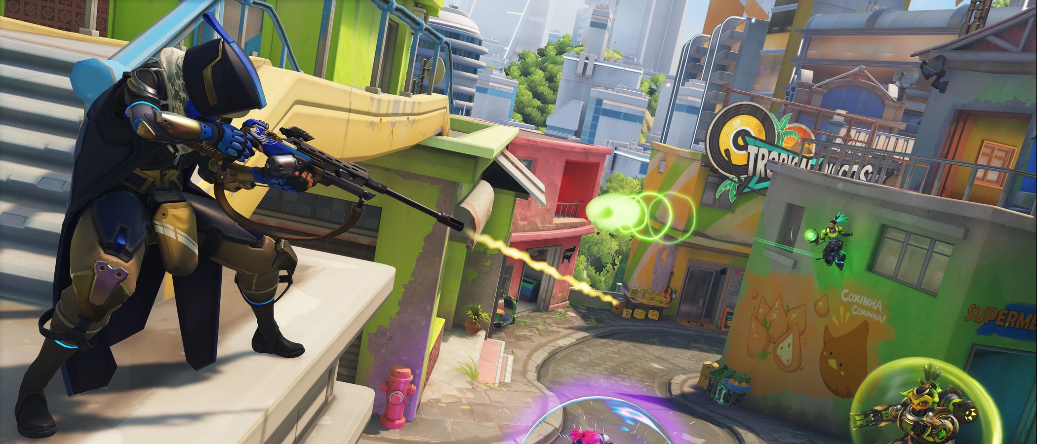 Ana aims her rifle across a street during an Overwatch battle in Rio