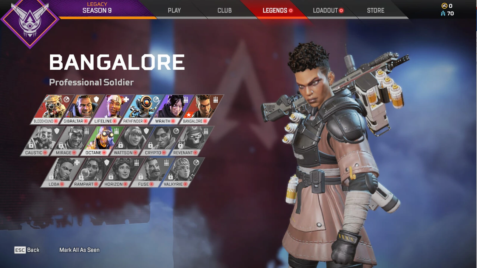 Bangalore selected beside unlocked and locked Legends in an official Apex Legends roster screen.