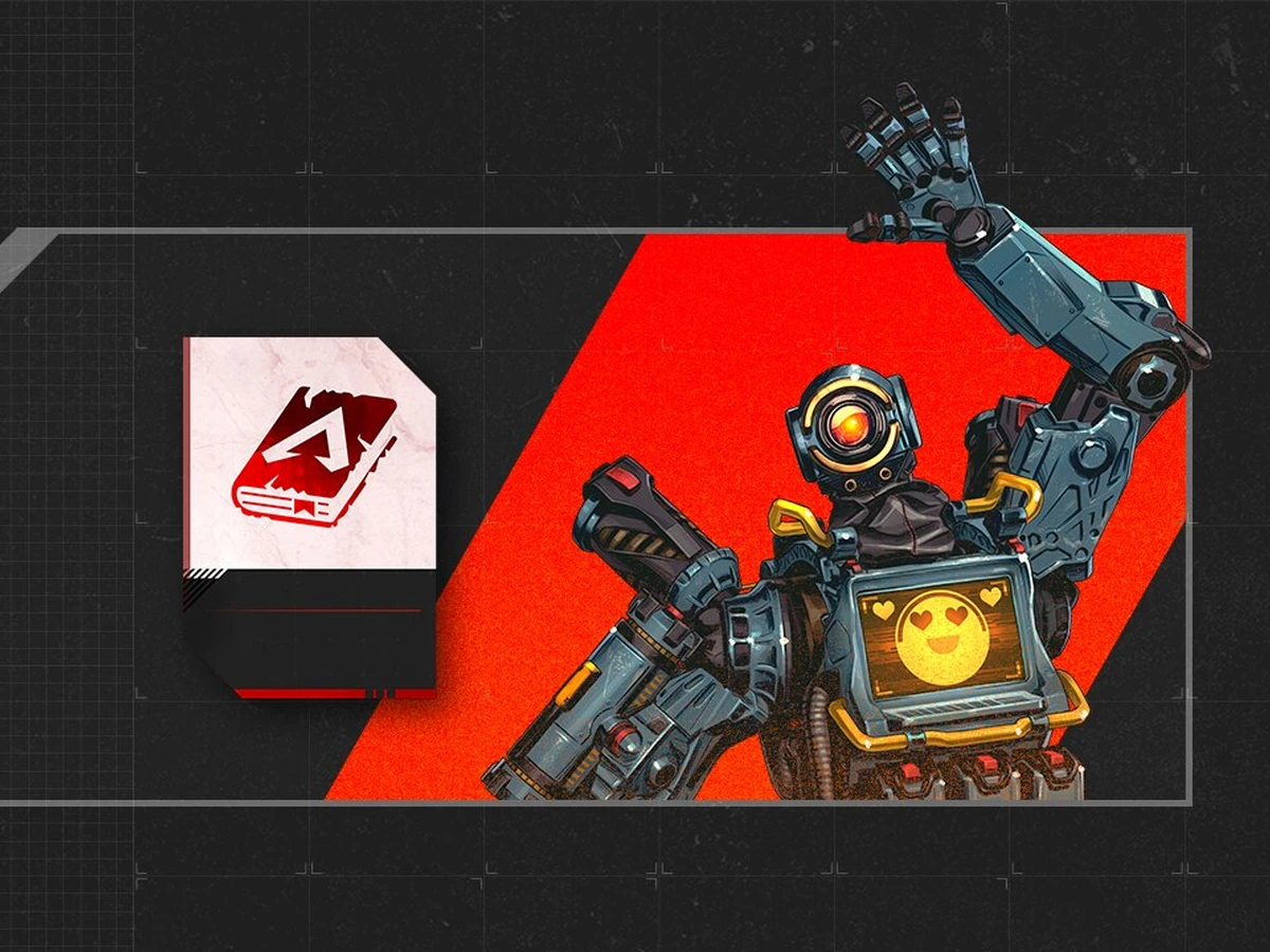Pathfinder waves beside a red book icon in official Apex Legends Welcome Pass artwork.